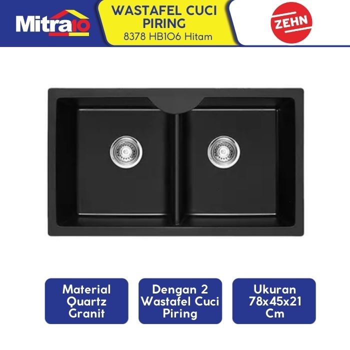Wastafel Granite Zehn+ 2 Kolom Hitam 78x45x21cm 8378 HB106 - Double Sink Black