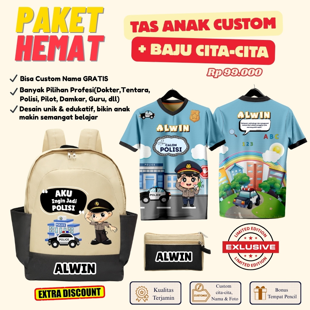 Tas Sekolah Anak TK SD Custom Nama Cita-Cita Polisi + Baju Jersey Profesi Anak Laki-Laki Edukatif Pa