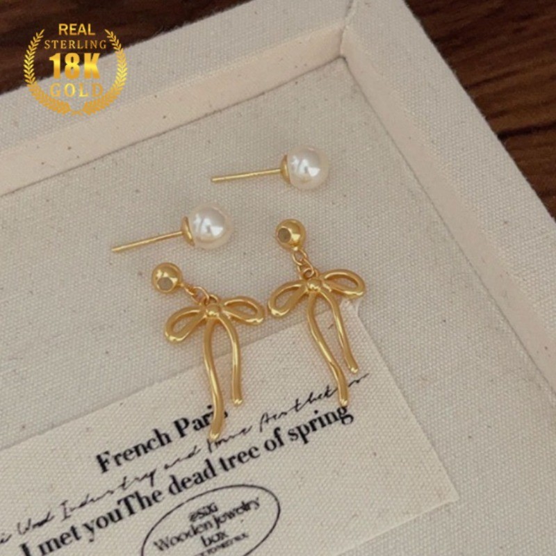 Anting-anting Stud Mutiara Dengan Pita Panjang Dan Rumbai Emas 18K