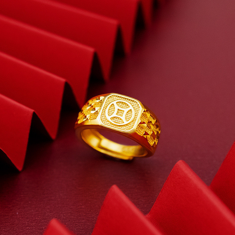 Versi emas imitasi cincin uang terbuka cincin emas pria berlapis emas cincin koin tembaga Pinduoduo