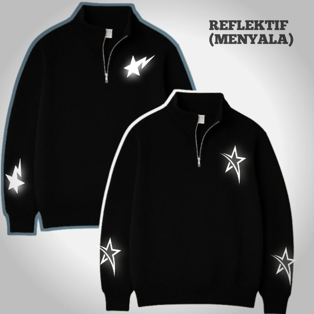 RIRUSHOP Altas Sweater nyala halfzipper bintang nyala reflektif hitam nyala trend pria wanita
