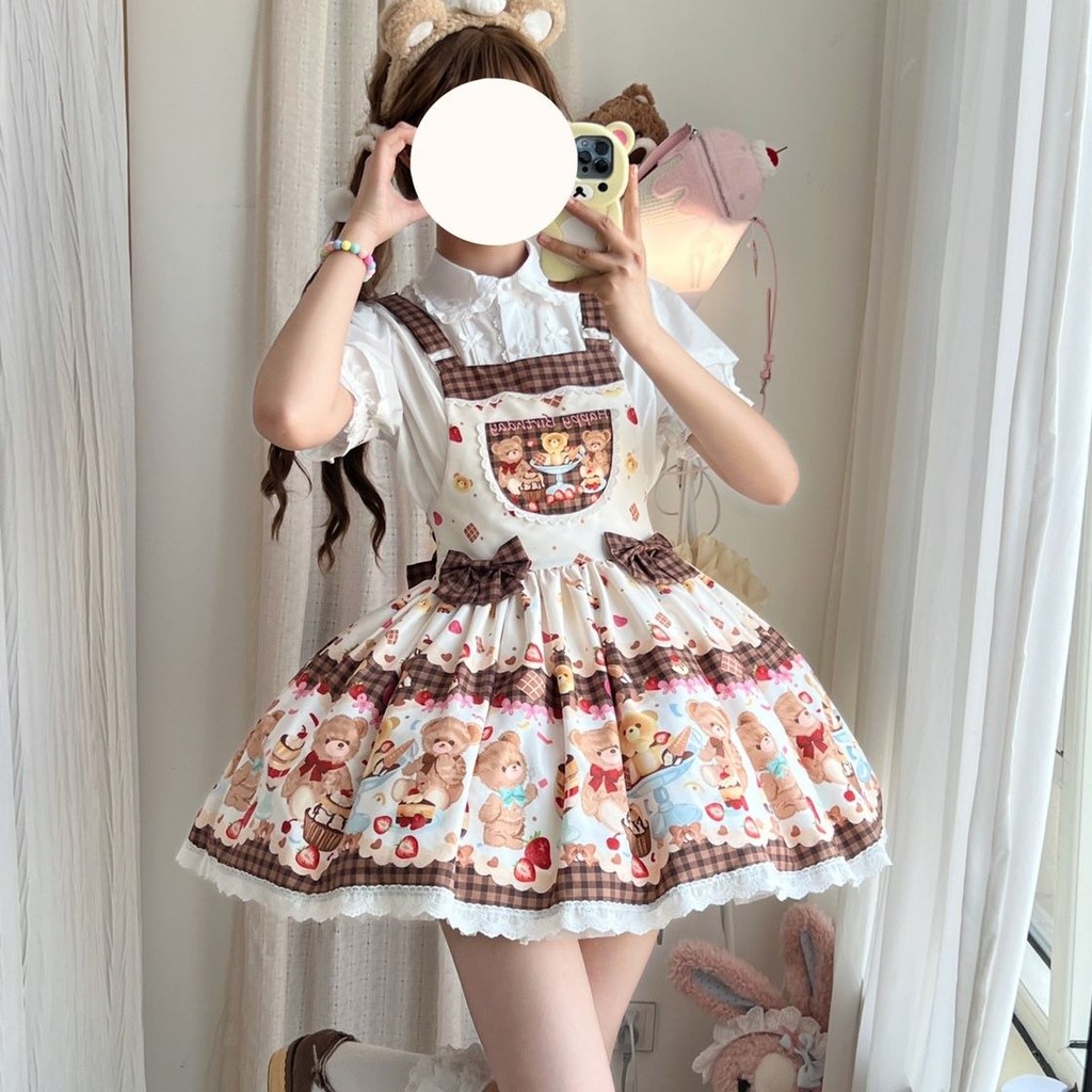 Cute Lolita Suspenders Jsk Dress Japanese Kawaii Daily Sweet Lolita Style Dress Vintage Lace Bow JSK