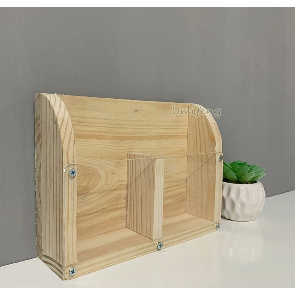 Rak Remot Kayu AKRILIK Gantung Aesthetic / Rak Hp Estetik Tempel Dinding Kayu Jati Belanda 2 Slot