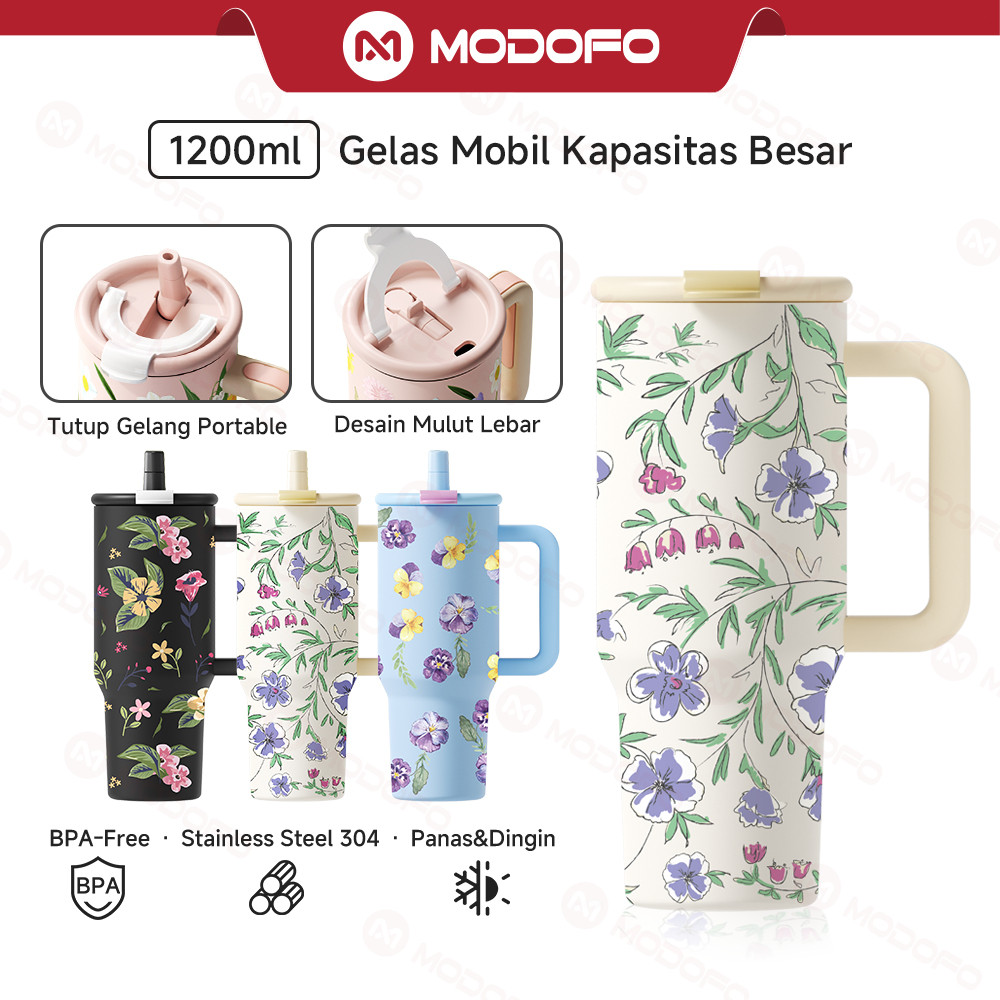 NANGULANGIN  MODOFO 1200ml Tumbler Aesthetic Motif Bunga Watercolor Anti Bocor & Isolasi Dingin 24 J