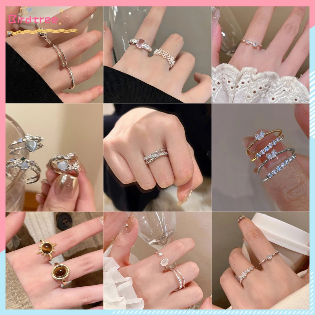 COD Set Cincin Titanium Wanita Korea Modis Cincin Terbuka Cincin Zirkon Kelas Atas Cincin Kupukupu