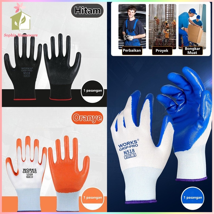 Sarung Tangan Kerja Lateks Nilon Bernapas Tahan Aus Tebal Gantung Karet Nitril