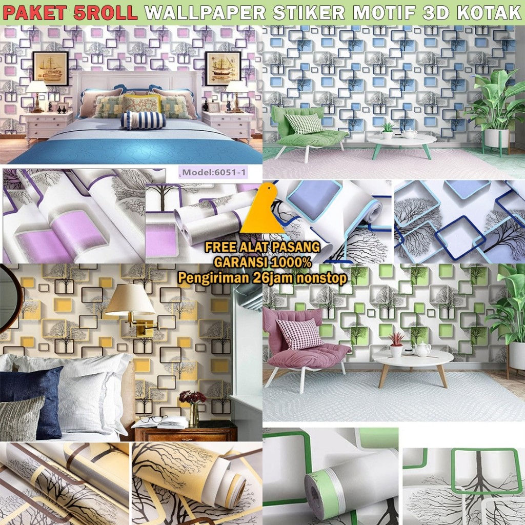TOKOAKSA PAKET 5 ROLL - Wallpaper Stiker Dinding Kamar Tidur motif KOTAK 3D Promo Wallpaper COD TERM