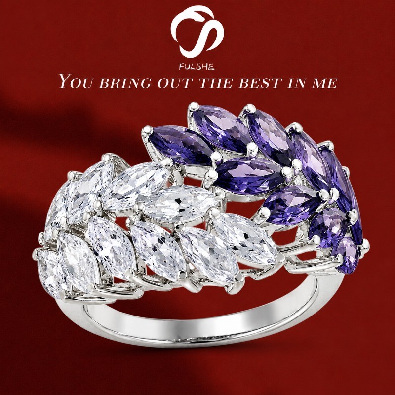 FULSHE Cincin Bulu Berlian Potongan Marquise Putih Dan Ungu - Cincin Jari Berlapis Emas Platinum Zir