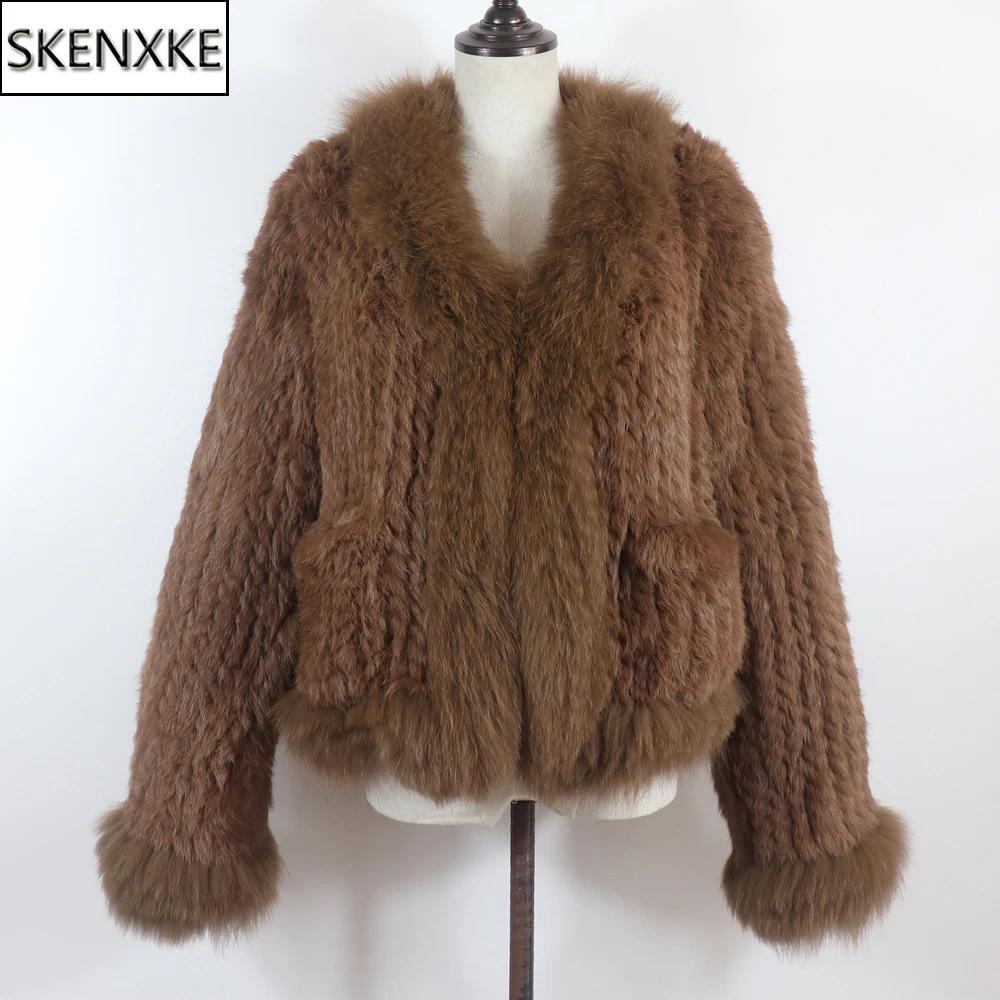 New Women Autumn Winter Knitted Real Rabbit Fur Coat 100% Natural Rabbit Fur Jacket With Fox Fur Col