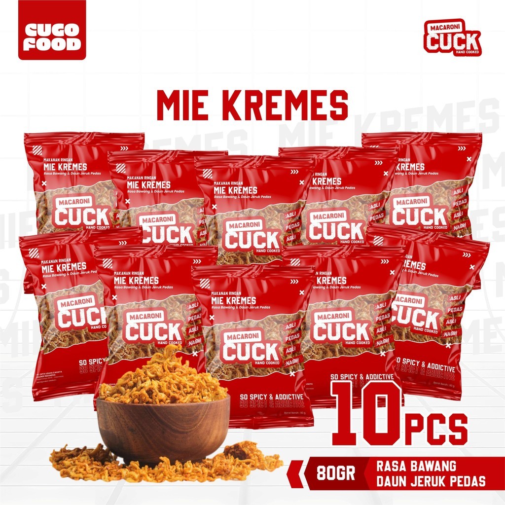 

Mie Kremes Pedas Daun Jeruk 10 Pcs x 80 Gram Kemasan Reguler Snack Keripik Macaroni Cuck Cugo Food Camilan Pedas