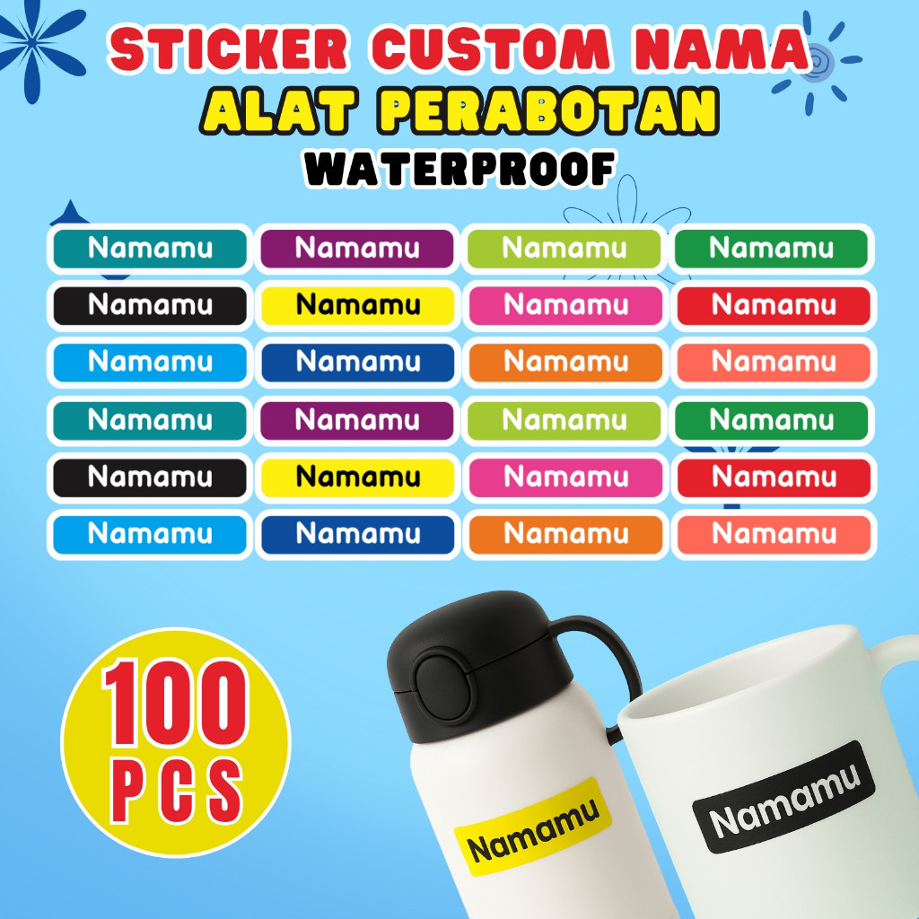 

100Pcs Sticker Custom Nama Piring Sendok Botol Barang Perabotan Stiker Ajaib Waterproof Timbul Label