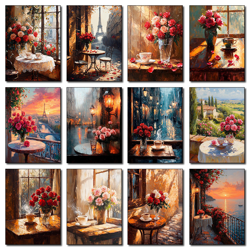 

Retro Romantic Rainy Street Coffee Shop Window Scenery Rose Poster Canvas Painting Prints Art Pictures Home Room Wall Decor Gift