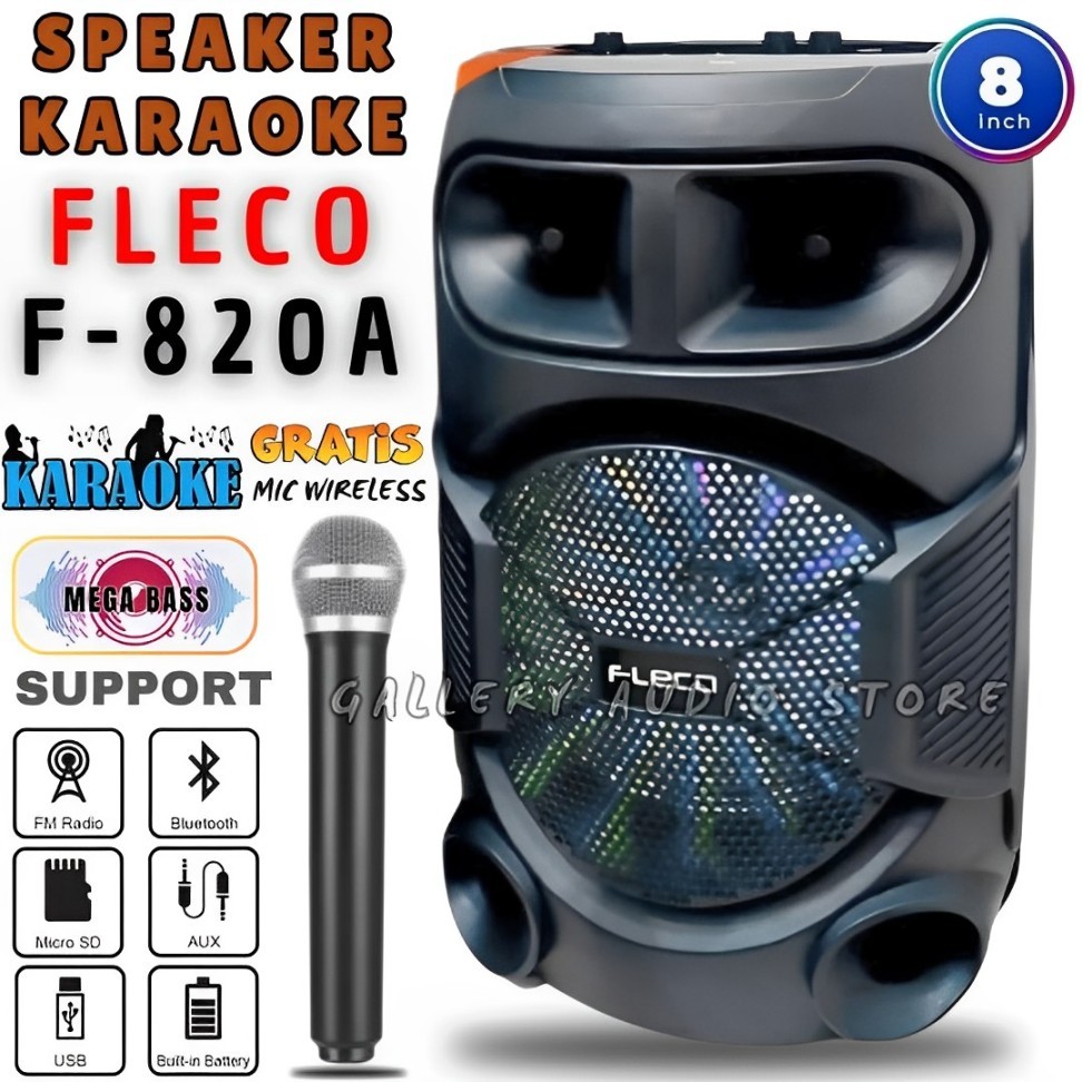 SERBA COD SPEAKER FLECO BLUETOOTH SUPER BASS FLECO F-820A WOOFER - 8 inch BONUS MIC WIRELSS Karaoke/