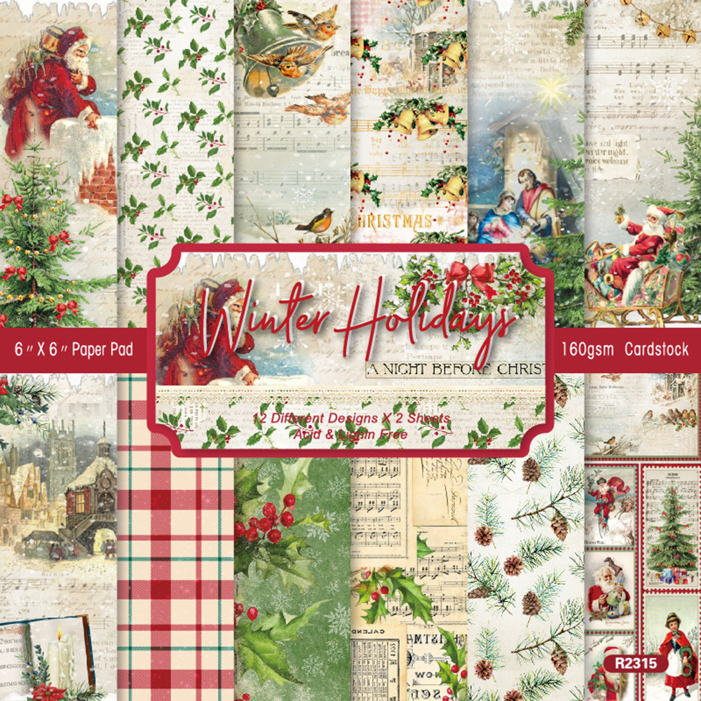 

12 pcs 6inch Winter Printed Scrapbooking Paper Pack for Card Making DIY Handmade Background Decor Christmas Craft Paper