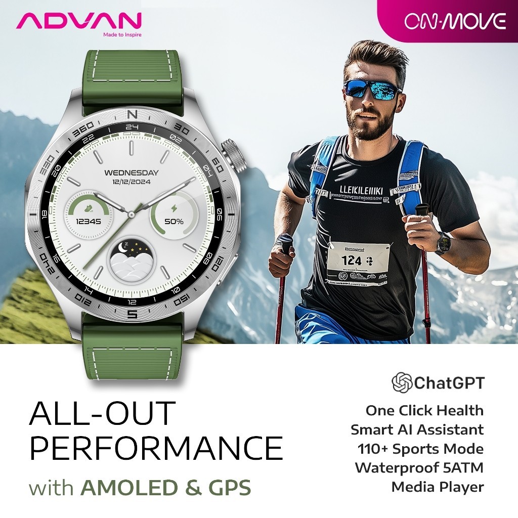 

[BEST DEAL] ADVAN Smartwatch On Move GPS Ai Assistant Amoled 1.43" Bluetooth Call Waterproof Tahan Air 5ATM Jam Tangan Pintar