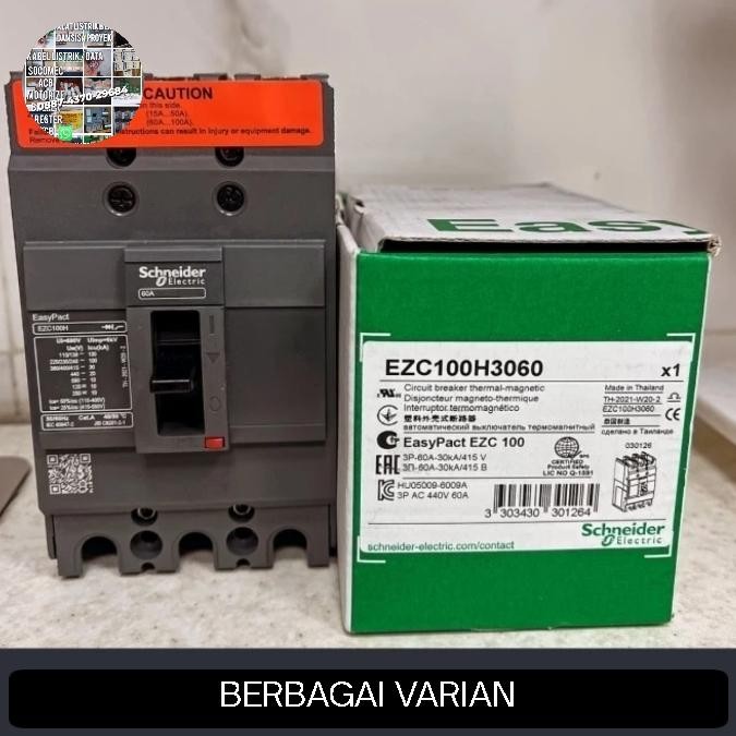 MCCB EZC100H 3P SCHNEIDER 15a/20a/25a/30a/40a/50a/60a/75a/80a/100a Breaker Schneider Ori 15a-100a Ha