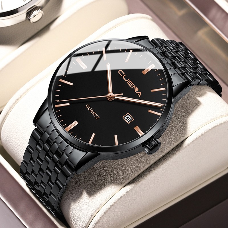 CUENA Jam Tangan Pria Analog Anti Air Bercahaya Arloji Tanggal & Hari Otomatis Tali Baja Tahan Karat