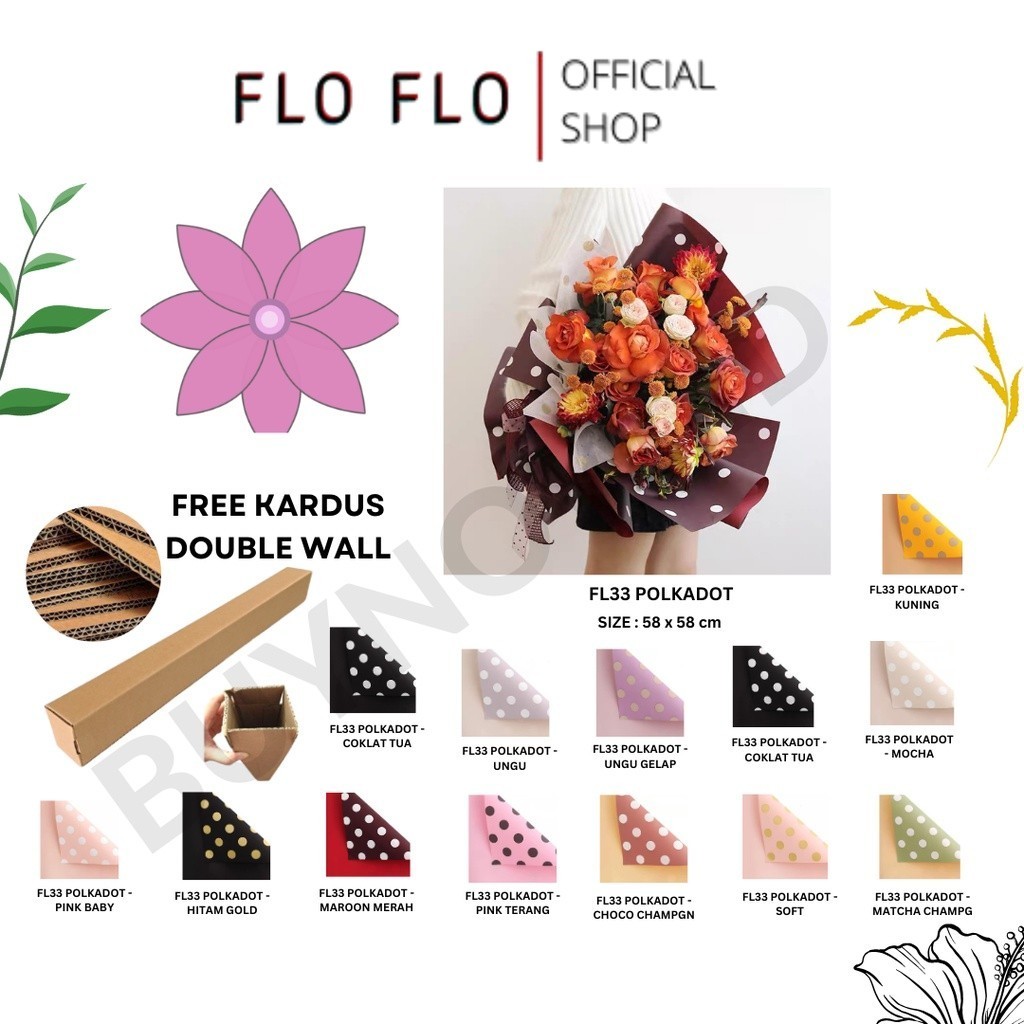 

FLO FLO - (5 LEMBAR) - FL33 POLKADOT Kertas Bunga Paper Buket Motif Polkadot Bulat Kado Florist Cellophane