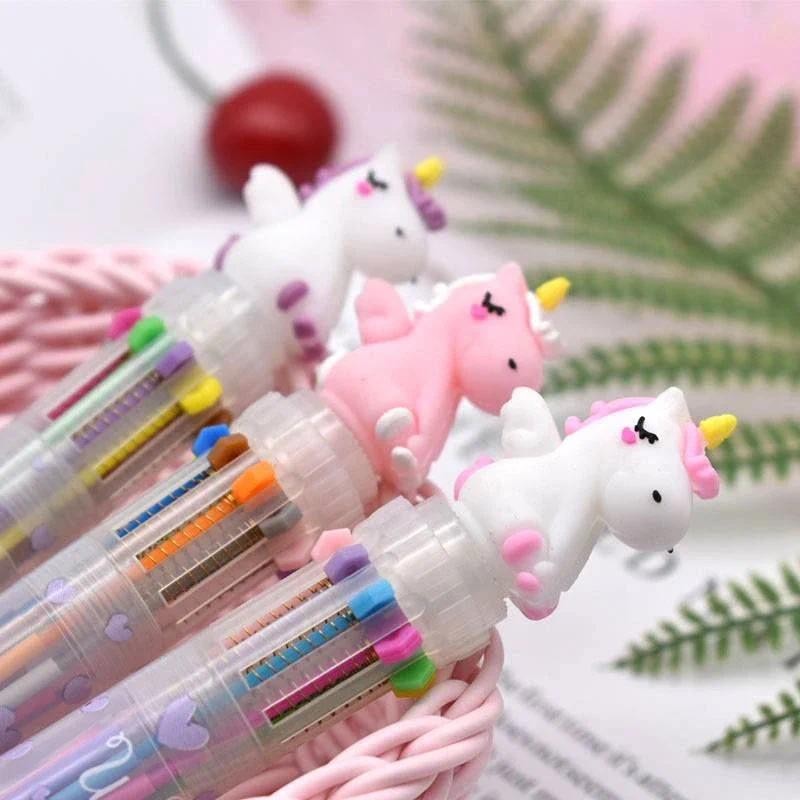 

2025 New Rainbow Unicorn 10 Colors Ballpoint Pen Kawaii Cartoon Colorful Pens Office School friend Girl boy kids stationery gift