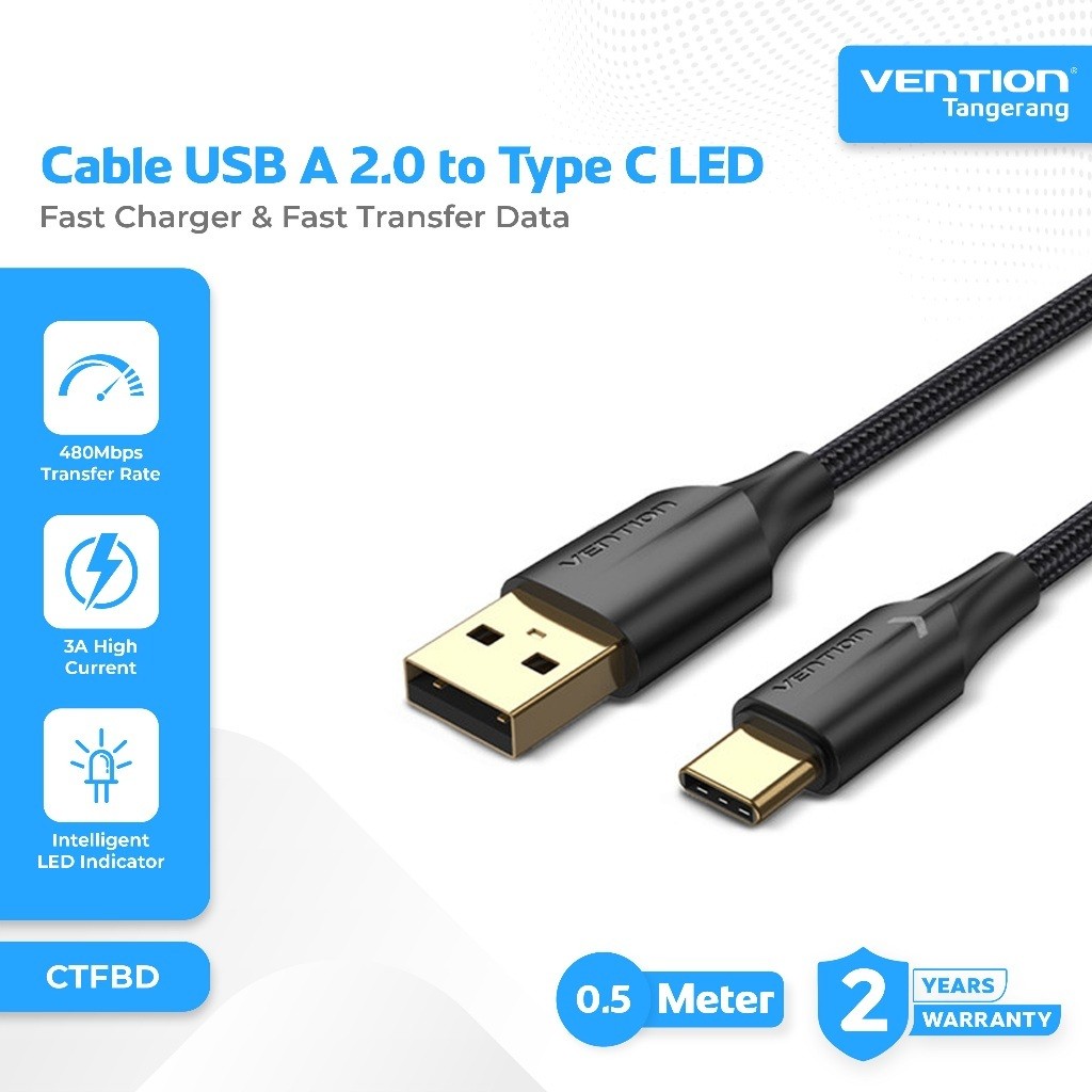 VENTION CTFBD Kabel Data USB 2.0 to Type C Fast Charging 3A with Light LED Nylon Braided Cable 50CM 