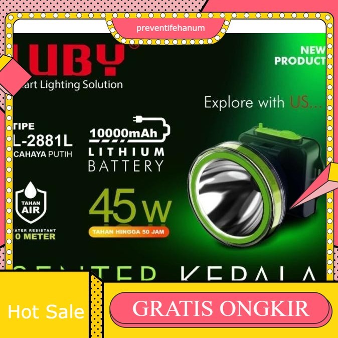 SENTER KEPALA LED 45W LUBY L-2881L SUPER TERANG BISA DI CAS TAHAN LAMA Baterai Lampu