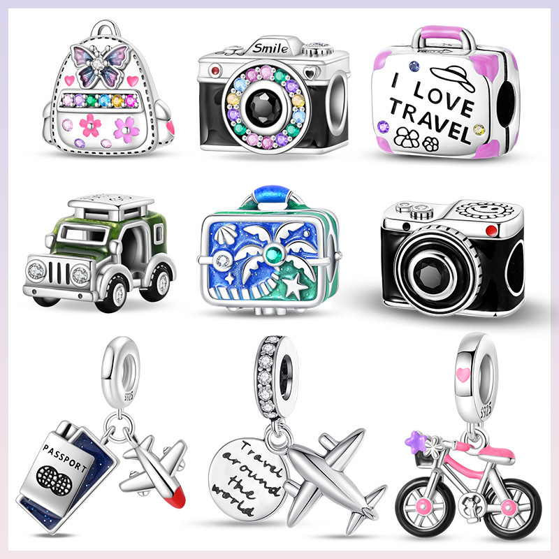 Fit Pan 925 Original Bracelets Summer Travel Series Camera Motorcycle Global Travel Colored Zircon B