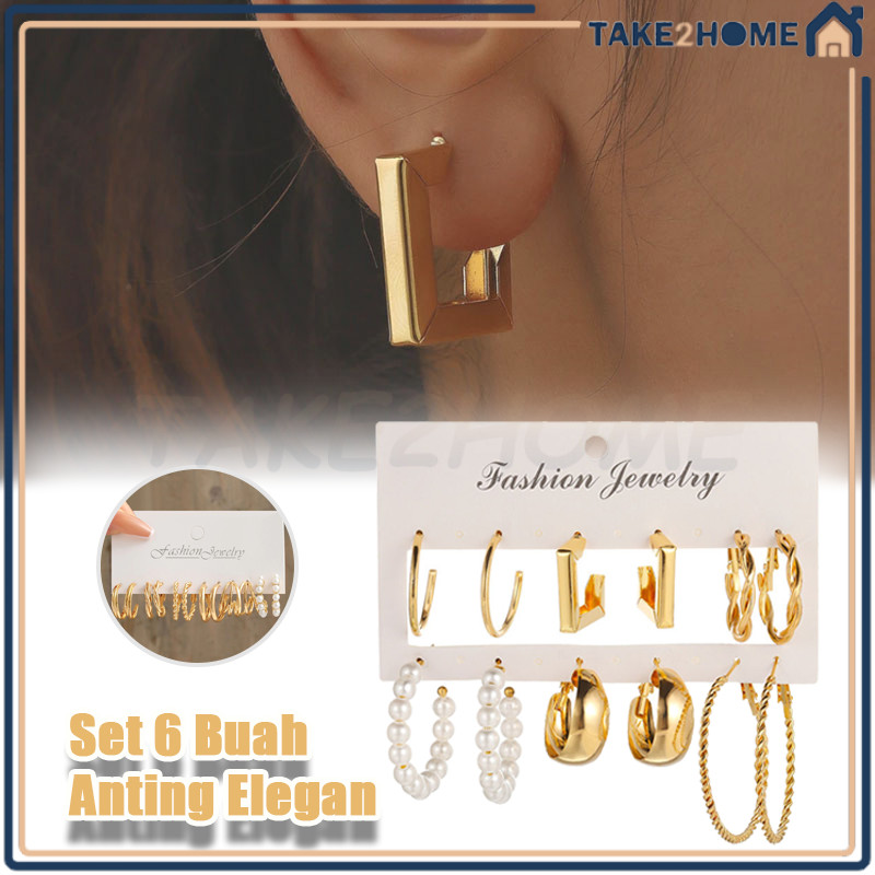 6 Set Anting Hoop Kotak Emas Perak Elegan Anting/Anting-anting Wanita Mewah/Berbagai Bentuk Anting M