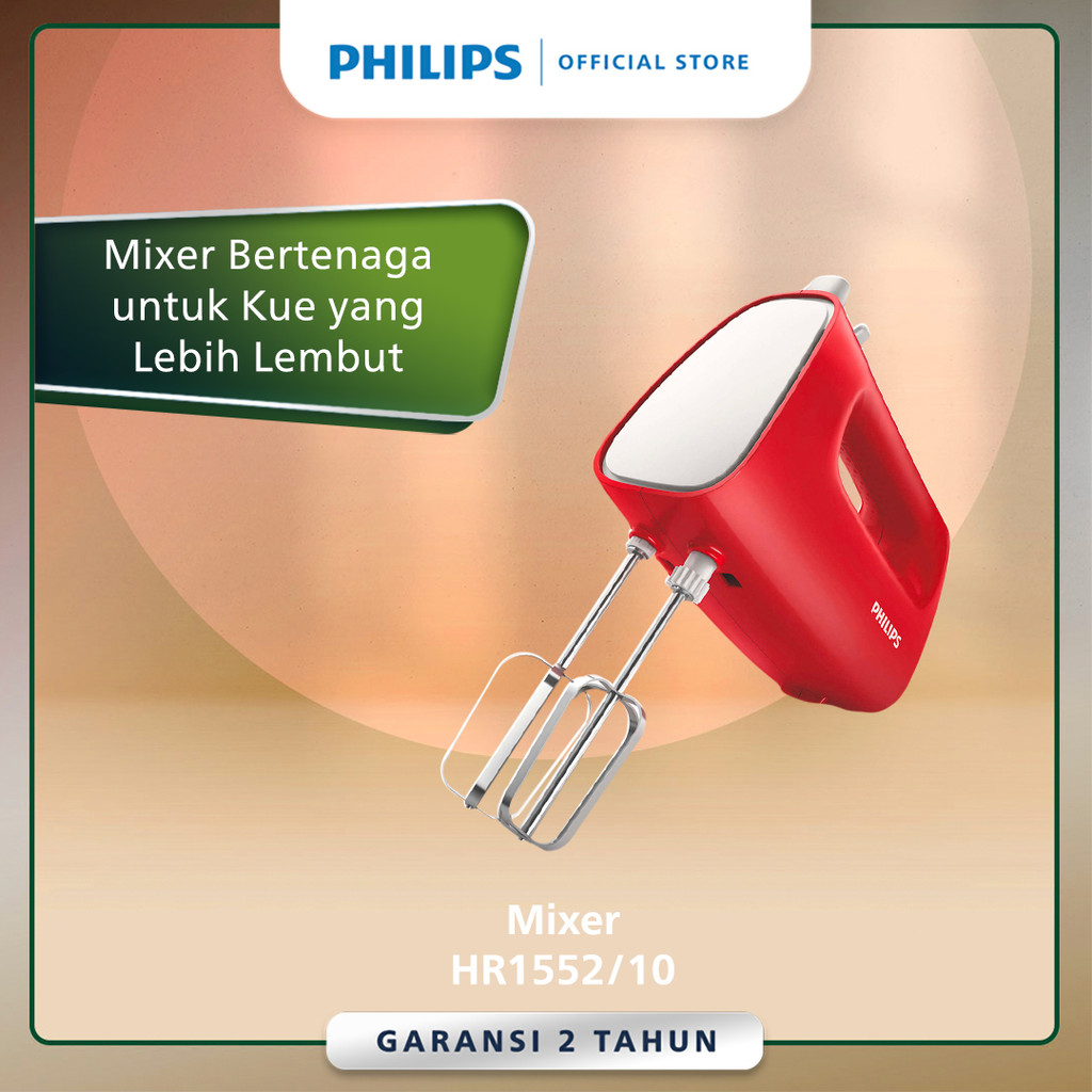 Mixer Tangan Philips HR1552/10 - Merah 170W, 5 Kecepatan Manual dengan 2 Beater dan 2 Dough Hook