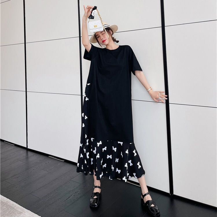 [Dress Oversized](45-150kg) Lengan Pendek Plus Size Maxi Dress Splicing Gaya Korea Fashion Dress Pak