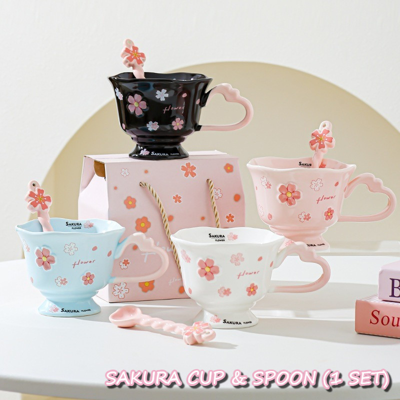 Cangkir Home Cafe/Cangkir Unik Cantik/Premium Cup & Spoon/Aesthetic Tea Cup Korean Style/Cangkir Teh