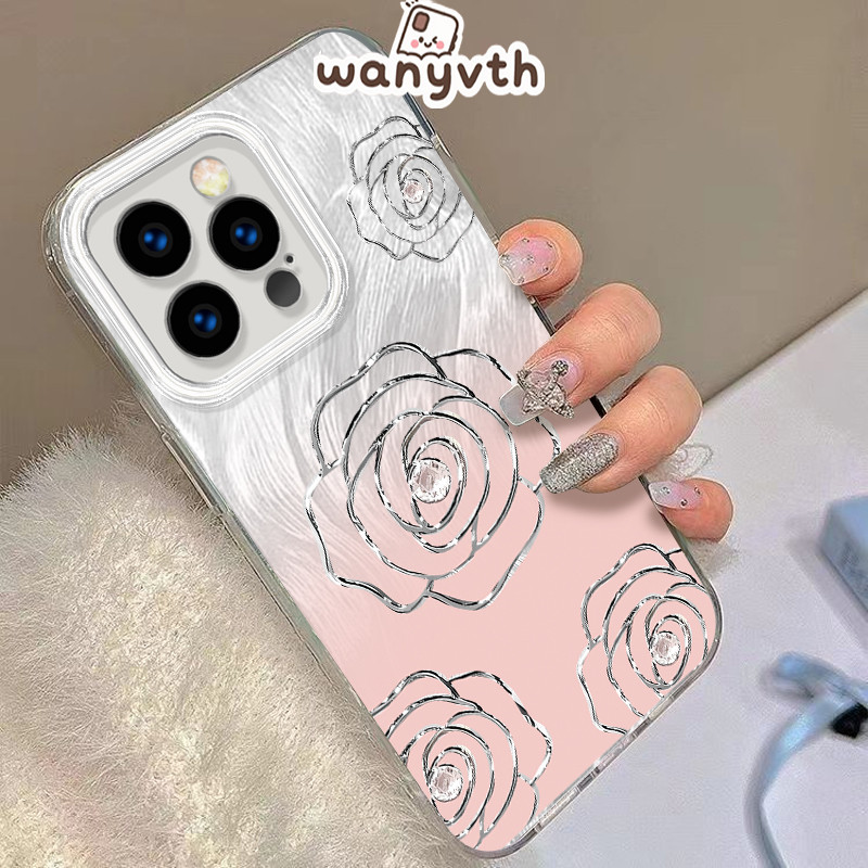 Casing IPhone Bunga Berlian IMD Hologram Feather Fashion Cocok untuk Case iPhone 13 11 15 12 14 16 P