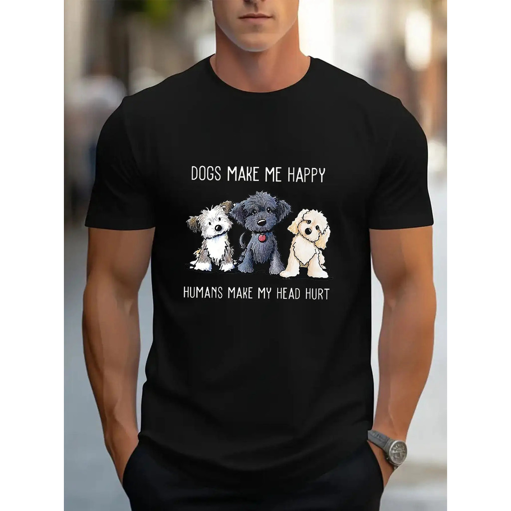 Kaos Pria Lucu Pecinta Anjing dengan Tulisan "Anjing Membuatku Bahagia" & Grafis Poodle - 100% Berna
