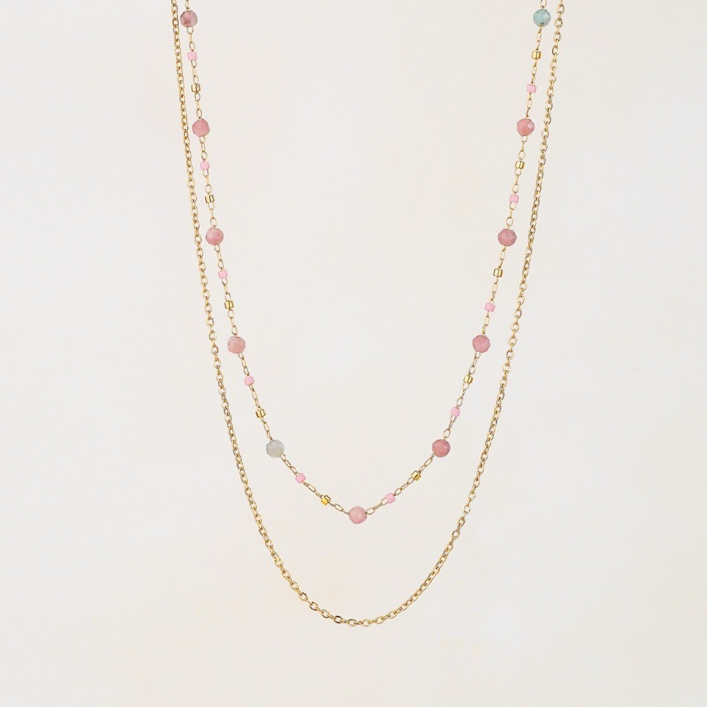 Pink Tourmaline Double Strand Necklace | Soreya Kalung Batu Pink Tourmaline Stainless Steel Warna Em