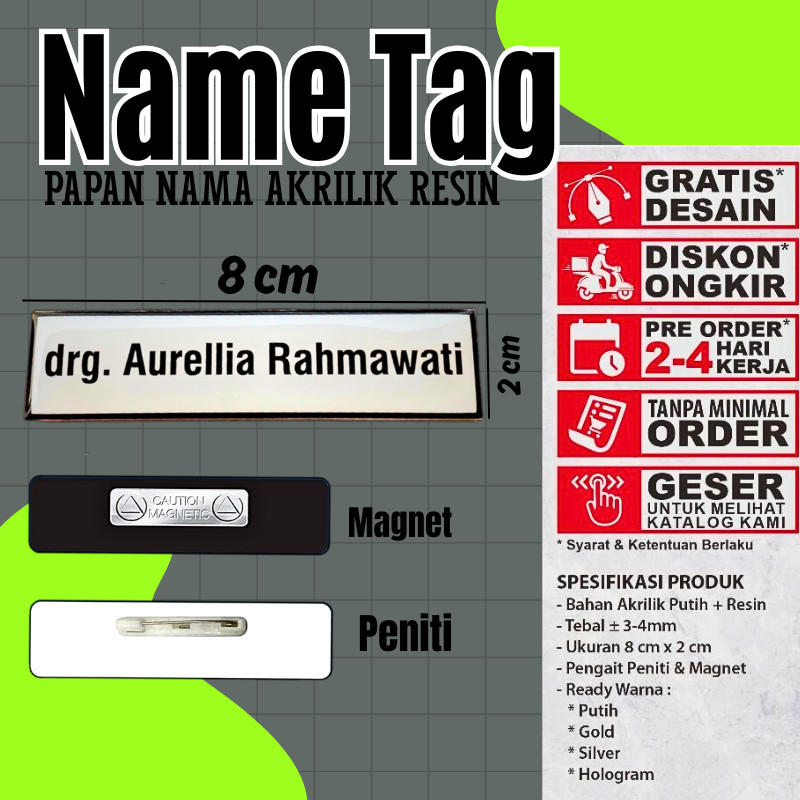 Name Tag Nama Dada Nama Dokter Akrilik Magnet Peniti Gold Silver