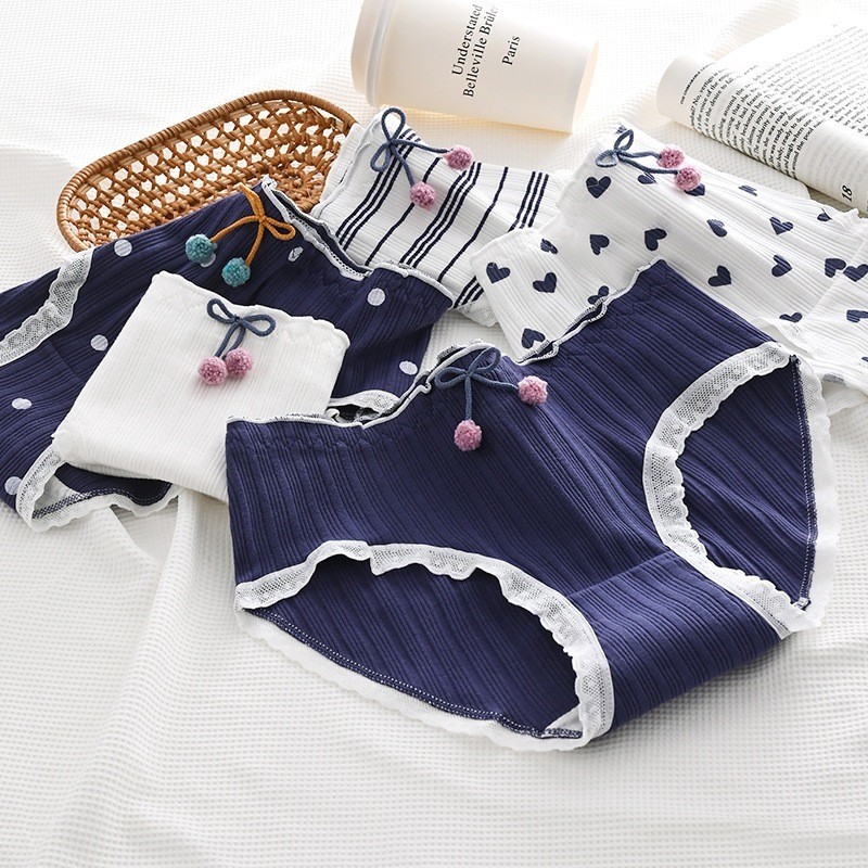 CD2146 CD Celana Dalam Navy Putih Fashion Korean Jepang Wanita Mid Waist Motif Pita Lucu