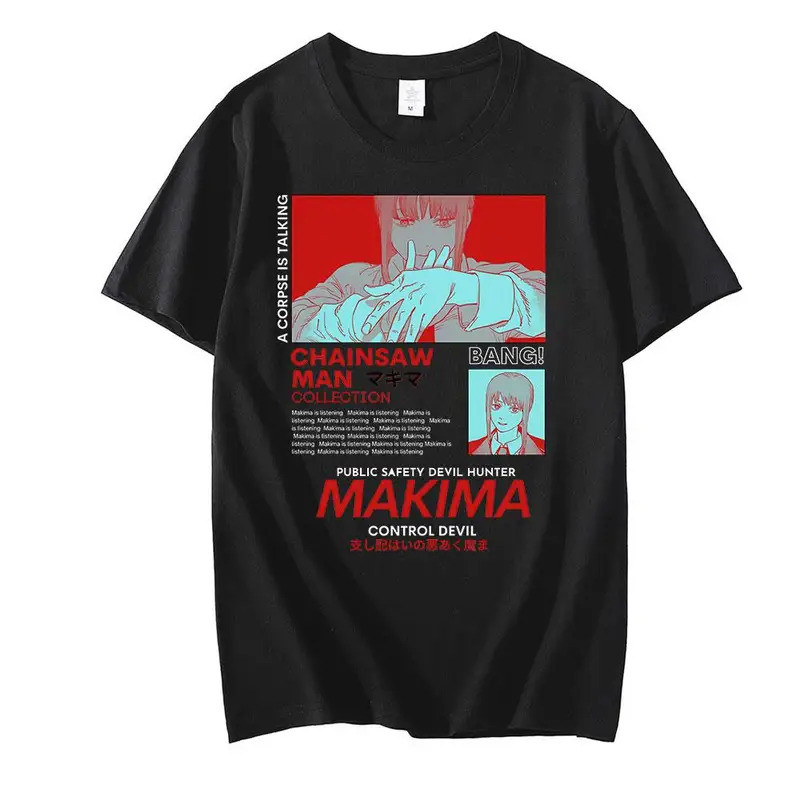 Harajuku Hip Hop Kaos Anime Jepang MAKIMA untuk Pria dan Wanita Kaos Grafis Manga Kaos Kartun Lucu K