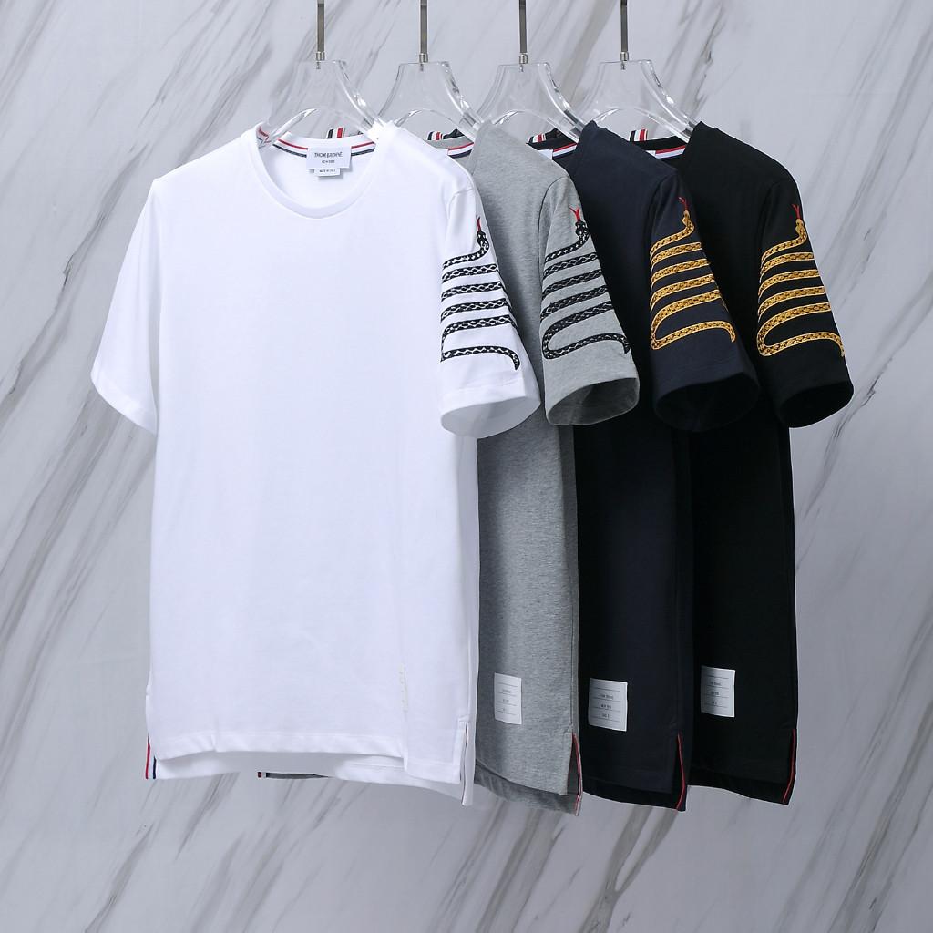 T022# THOM/TB atasan kaos katun leher bulat bergaris bordir baru