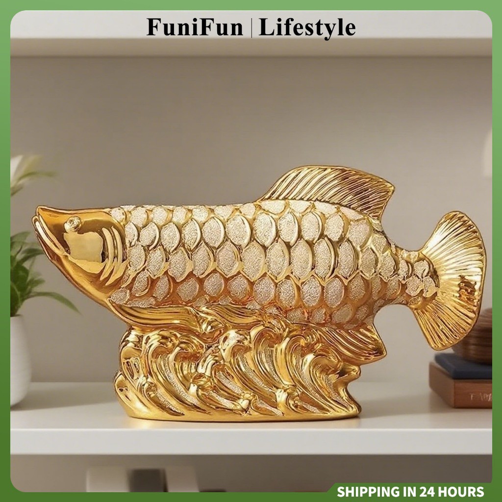 Emas Pajangan Patung Ikan Arwana Decoration Arowana Fish Ikan Arwana Keramik Emas Keramik Pajangan M