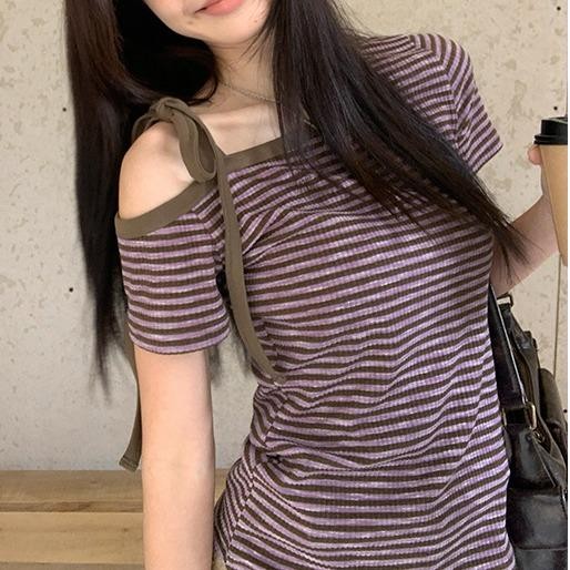 Baju kaos lengan pendek tali pengikat off-shoulder bergaris ungu wanita korean style