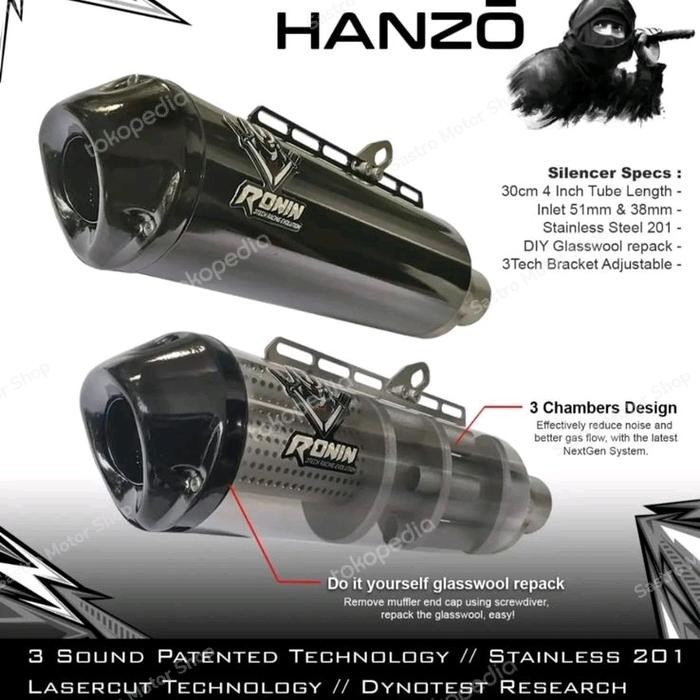 Knalpot Ronin Hanzo Fullsistem Knalpot 3Tech 3 Suara 3 Mode - Non Matic, BLACK