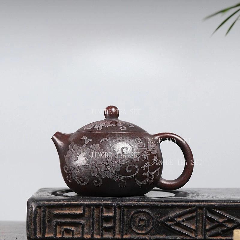300ml Yixing Carved Purple Clay Teapot Purple Clay Peony Teapot Household inese Style Large Capacity