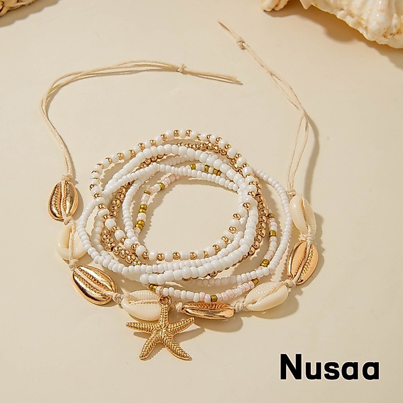 [Nusaa] Anklet Set Bertumpuk Manik Hiasan Kerang Bintang Laut Gaya Liburan Laut X255