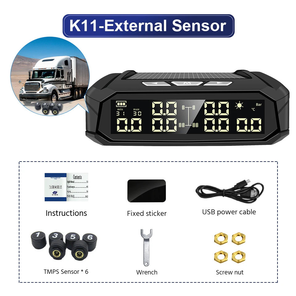 YANGOOD TPMS Bertenaga Surya untuk 6 Ban Sensor Eksternal Real-Time Universal untuk Truk RV Mobil Al