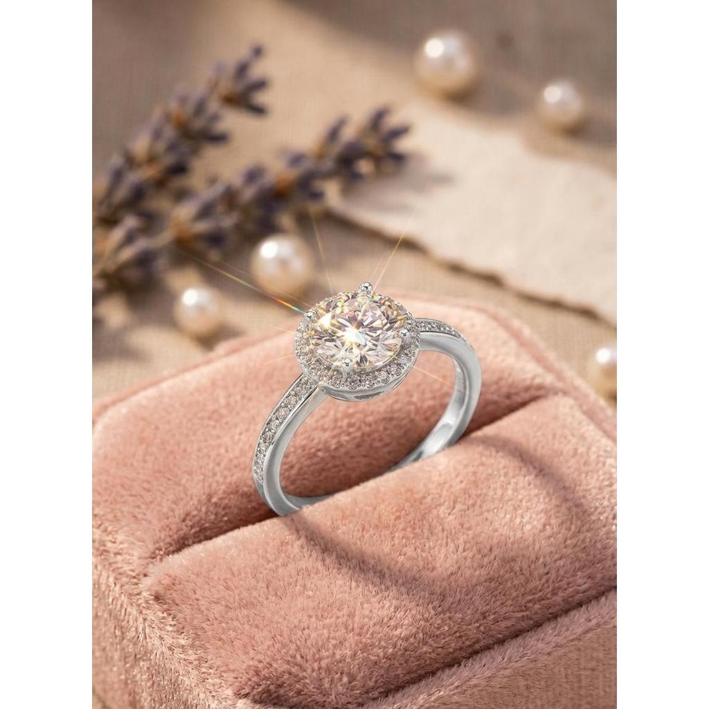 Cincin Perak S925 Desain Klasik Halo Ring Permata Tanam Mikro Pave