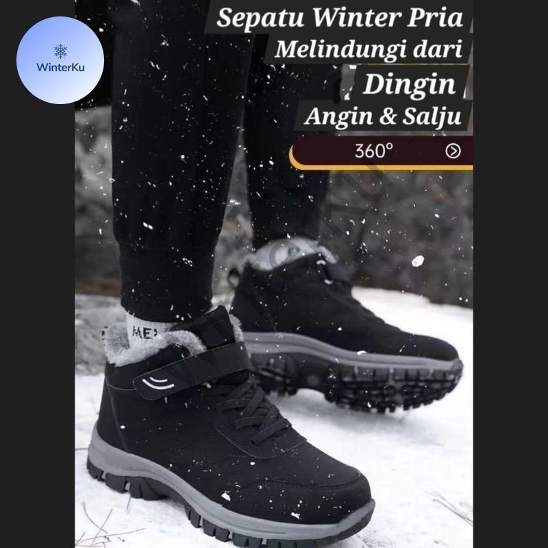 WinterKu Sepatu Boots Pria Musim Dingin | Snow Boots Water Resistant Velcro Strap