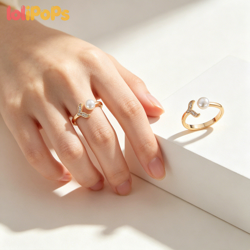 Cincin Wanita Ekor Putri Duyung Lapis Emas Mutiara Imitasi Adjustable Anti Karat Elegan