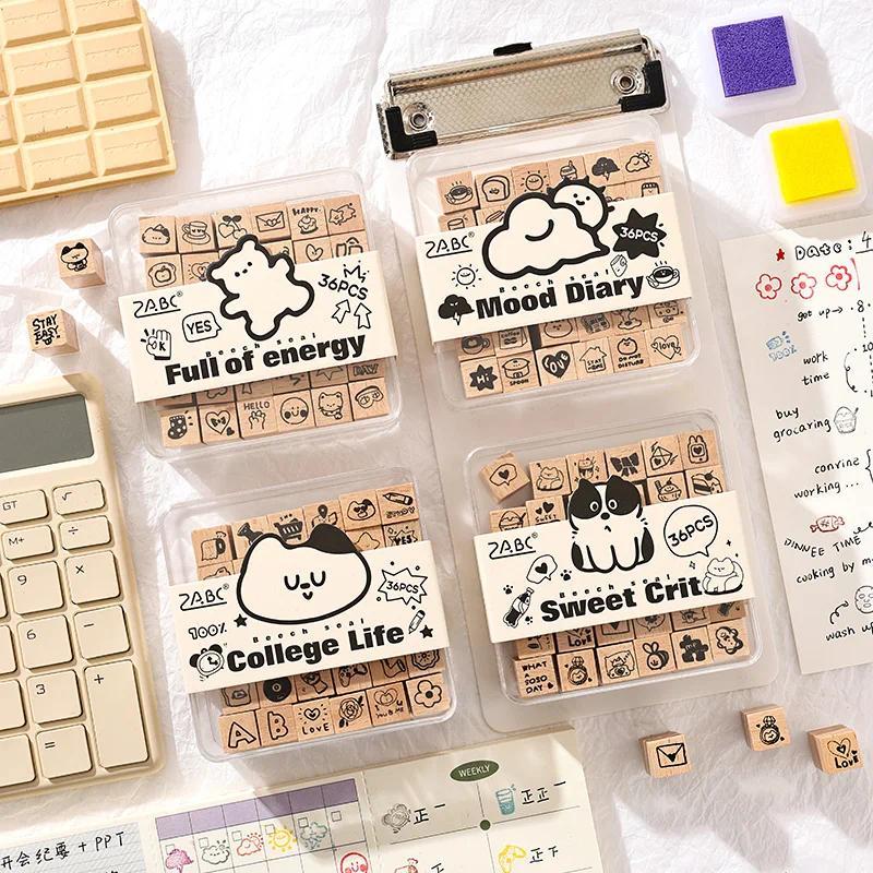 Journal GO 36pcs/set Cute Cartoon Wooden Rubber Stamp Set Lovely Rubber Seal for Collage Junk Journa