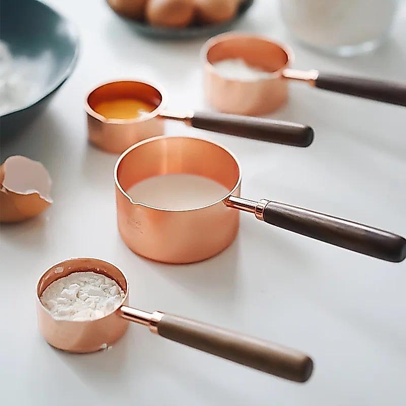 Baking measuring cup Acacia wooden handle rose gold measuring spoon 4-piece set 8-piece measuring sp
