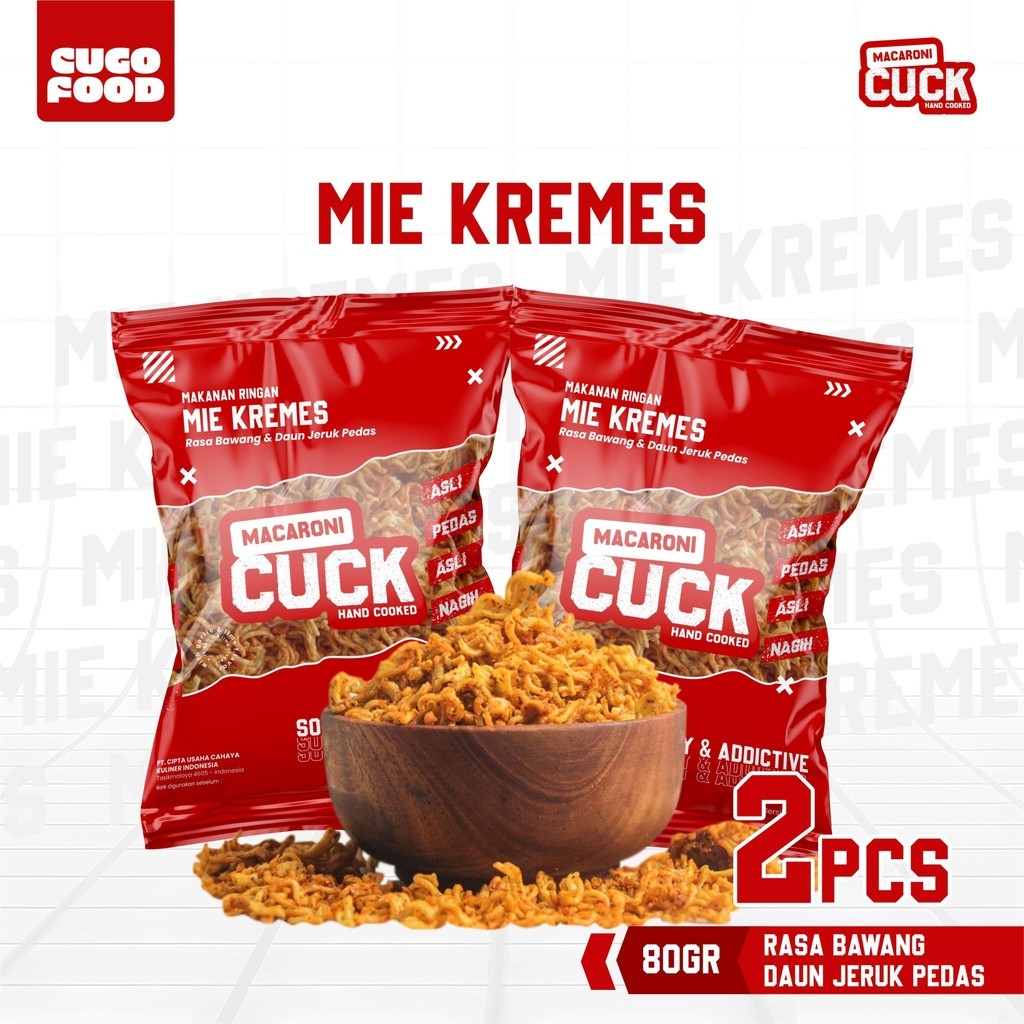 

Mie Kremes Pedas Daun Jeruk 2 Pcs x 80 Gram Kemasan Reguler Snack Keripik Macaroni Cuck Cugo Food Camilan Pedas