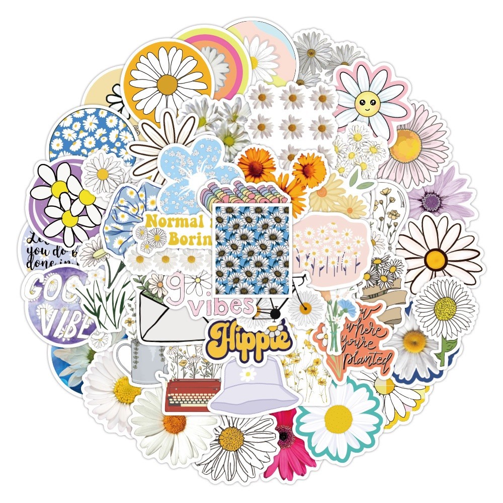 

50pcs Aesthetic Daisy Flower Stickers Laptop Pad Phone Case Luggage Guitar Fridge Scrapbooking Graffiti Vinyl Sticker Gift Toy